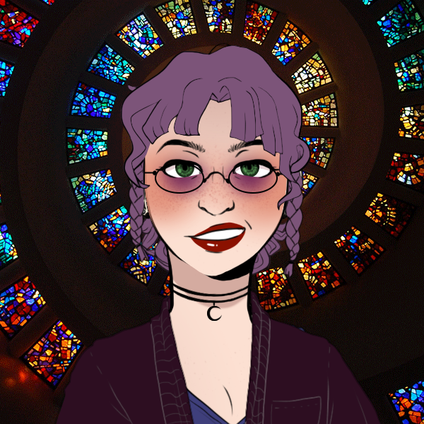 An illustration of a white teen girl with long purple hair, which is pulled back with two short braids on the sides, and she has green eyes. She is wearing purple eyeshadow, dark red lipstick, dark colored glasses, a black necklace with a crescent moon, a blue shirt, and a dark purple cardigan.