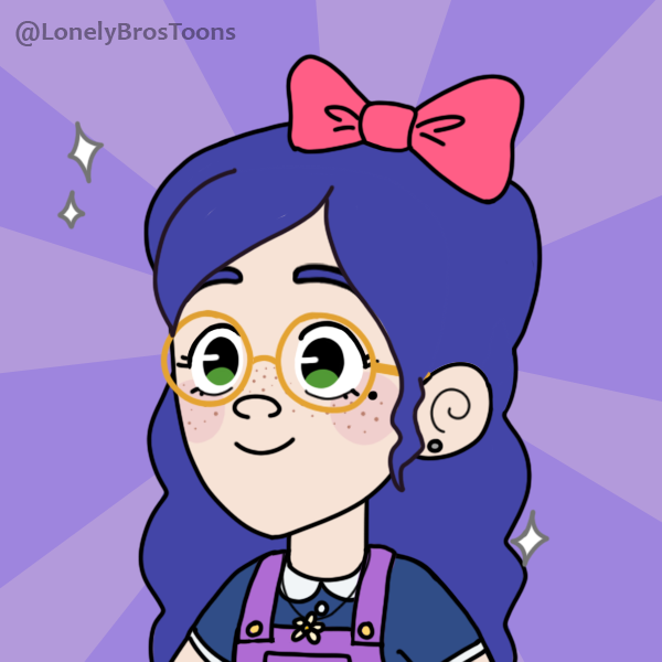 An illustration of a young white girl with long purple hair and green eyes. She wears gold glasses, a dark blue shirt, purple overalls, and a pink hairbow.