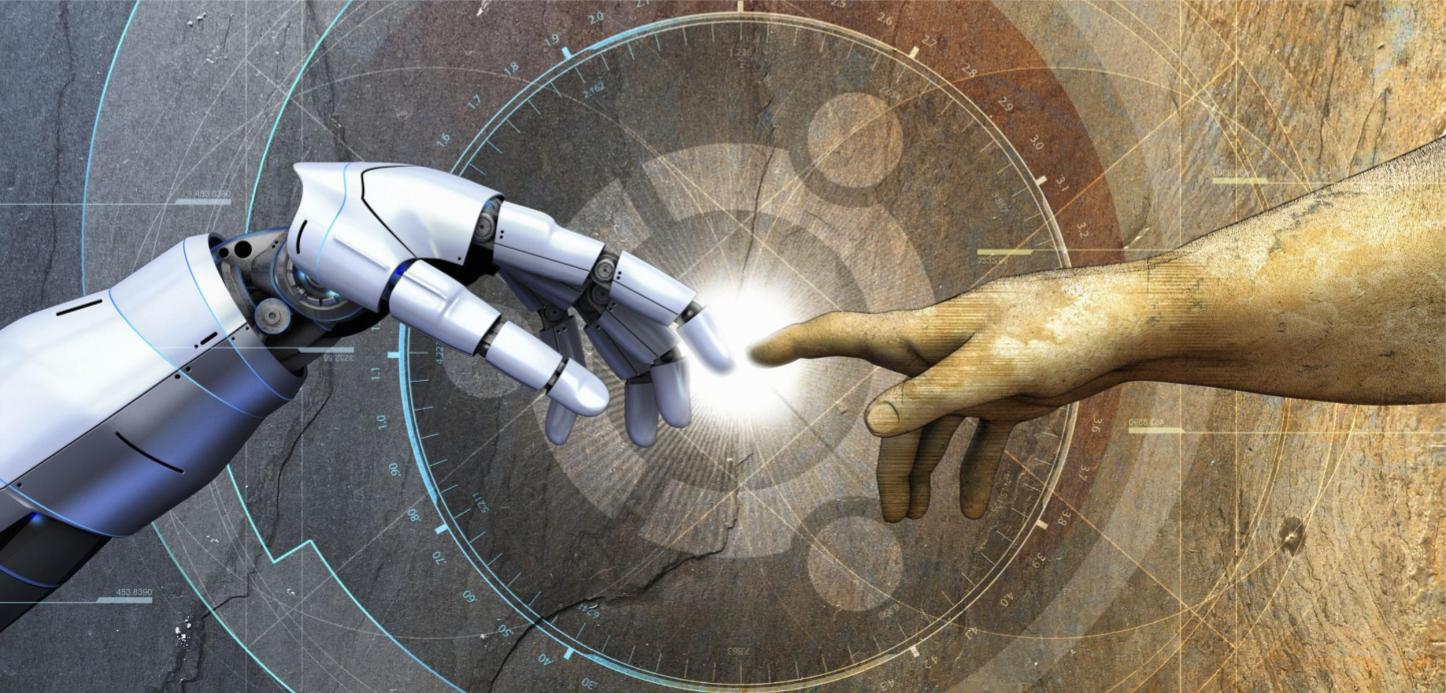 A robot hand and a human hand reaching to touch fingertips in front of a glowing point of light